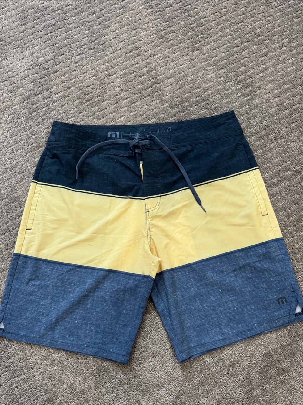 Travis Mathew Yellow and Navy Colorblock Swim Shorts